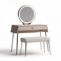 Modern vanity table set with round mirror and upholstered stool in wood and metal 100 x 40 x 75cm