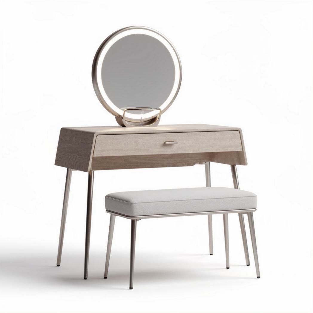 Modern vanity table set with round mirror and upholstered stool in wood and metal 100 x 40 x 75cm