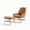 Leather lounge chair and ottoman set with metal base in brown color