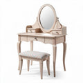 Wooden vanity table set with round mirror and cushioned stool 90 x 40 x 140cm