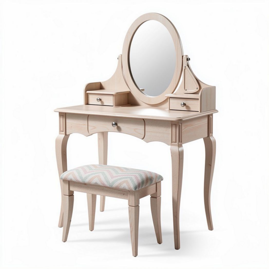 Wooden vanity table set with round mirror and cushioned stool 90 x 40 x 140cm