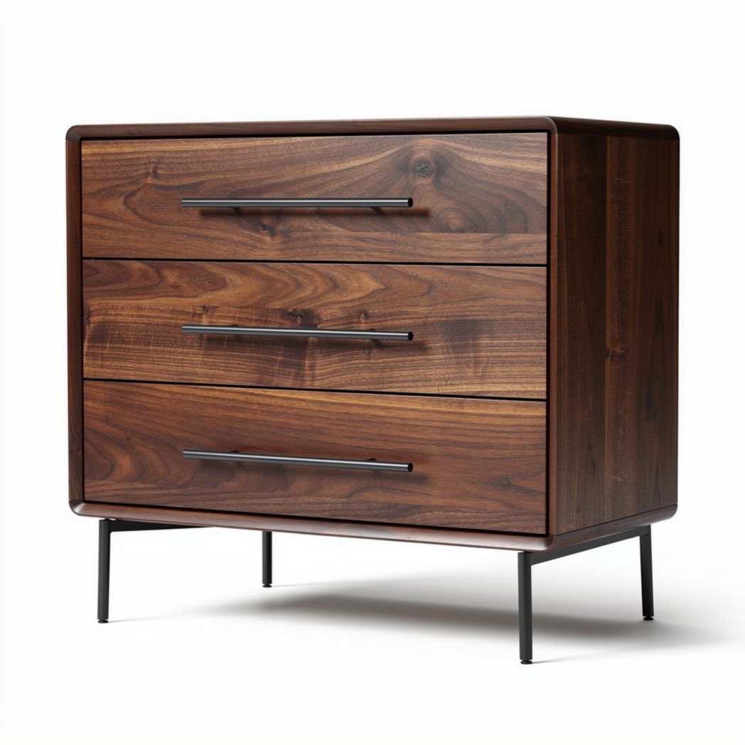 Wooden dresser with three drawers and metal legs in walnut finish 70 x 40 x 80cm