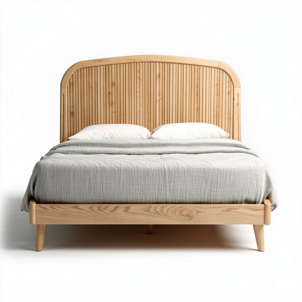 Wooden bed frame with arched headboard and gray bedding 200 x 160 x 100cm
