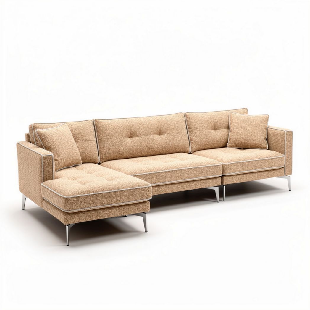 Sectional sofa in beige fabric with chrome legs 220 x 85 x 75cm