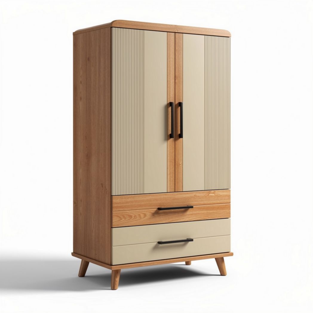 Wooden wardrobe with two doors and two drawers in beige and oak finish