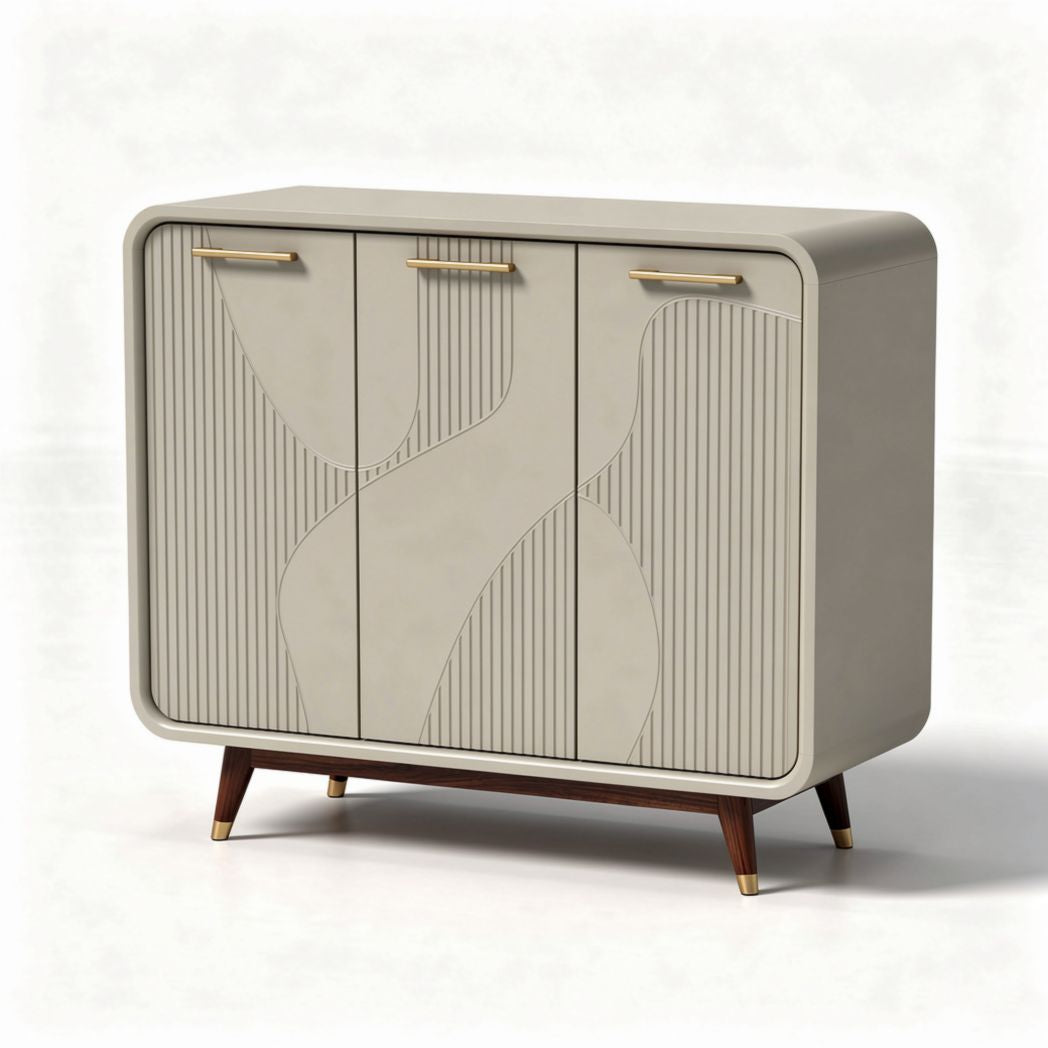 Modern storage cabinet with three doors and wooden legs 100 x 40 x 80cm in cream color