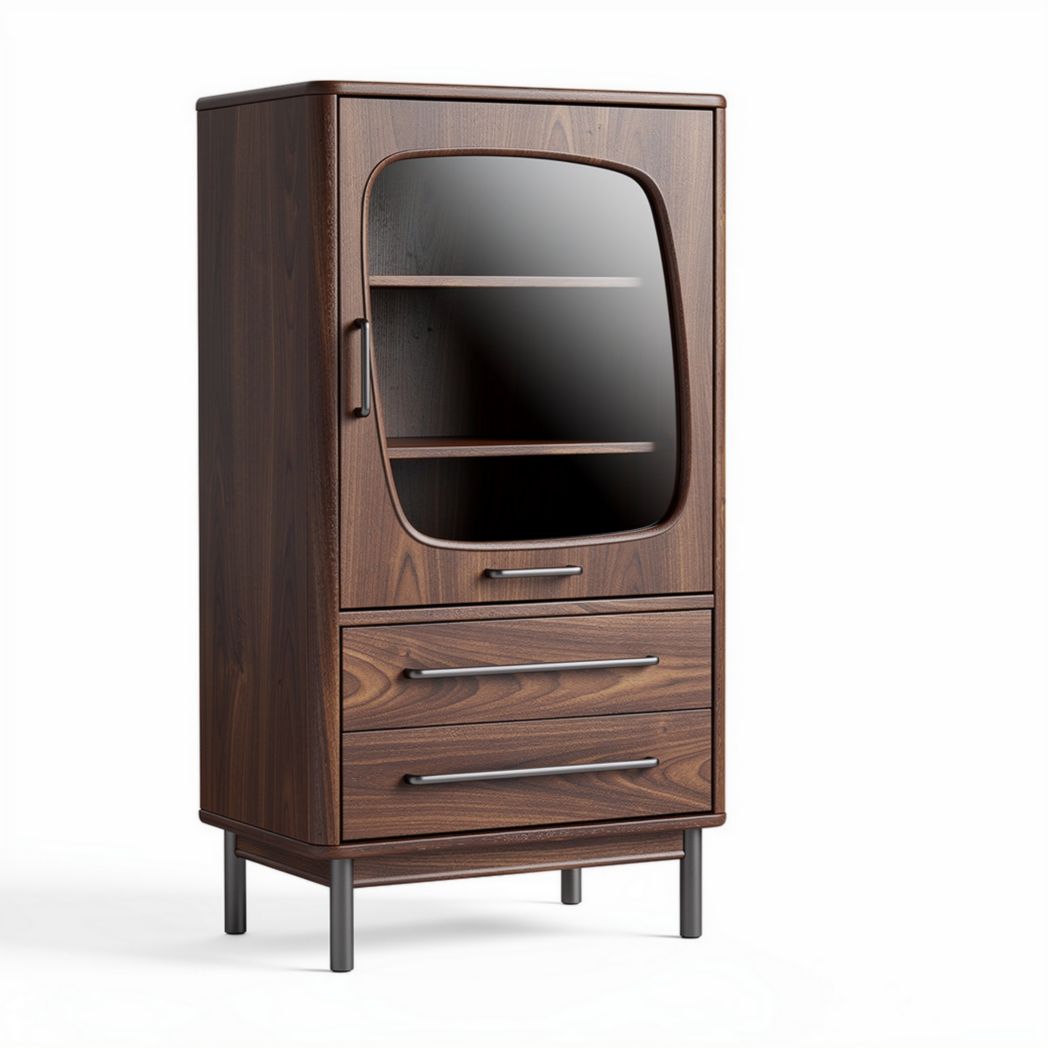 Wooden cabinet with glass doors and two drawers in walnut finish 80 x 40 x 130cm