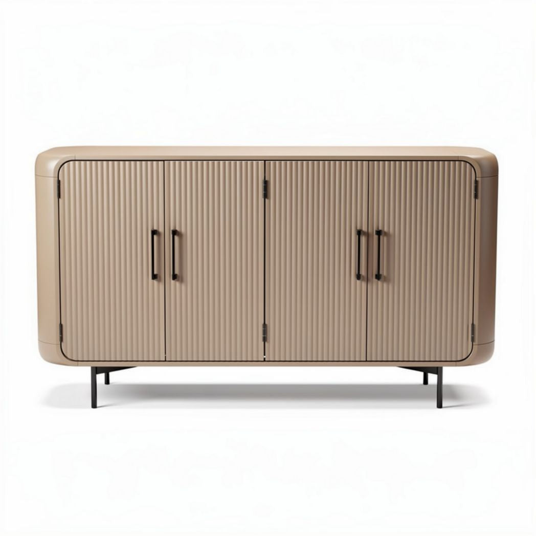 Metallic sideboard cabinet with ribbed design and four doors in beige 120 x 40 x 70cm